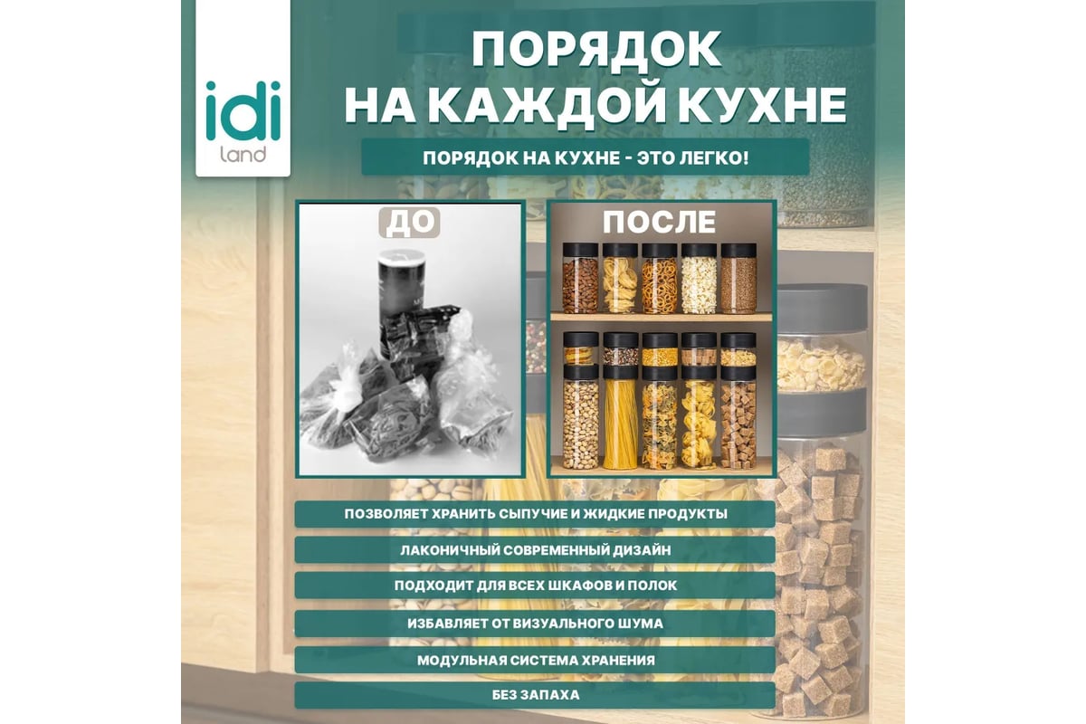 Комплект емкостей для сыпучих продуктов Idiland Asti 1 л х 6 шт., черный  241105530/02