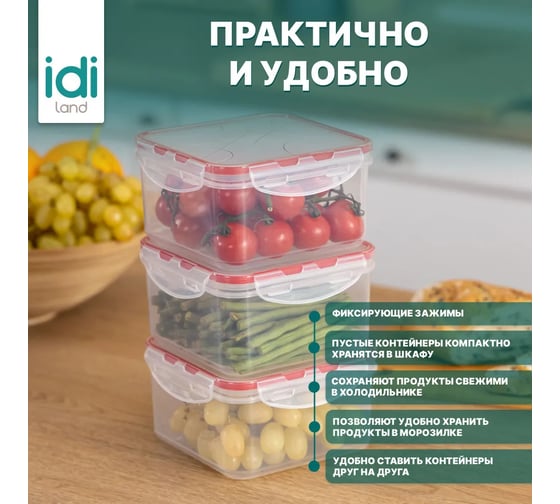 Комплект квадратных контейнеров для продуктов Idiland Modena 0.7 л х 2 шт., с защелками, бесцветный 241101906/03