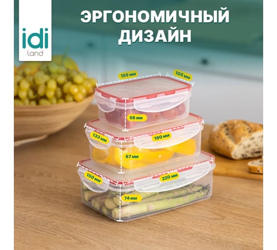 Комплект прямоугольных контейнеров для продуктов Idiland Modena 3 шт., 0.5 л+1 л+1.5 л, с защелками, бесцветный 241103006/03