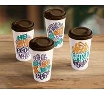 Комплект стаканов с крышкой Idiland IZI-GO 550 мл х 4 шт., с декором, темно-коричневый 241114924/01