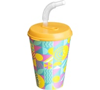Комплект стаканов с крышкой и трубочкой Idiland 420 мл х 4 шт., с декором, желтый 241115203/01