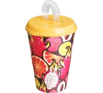 Комплект стаканов с крышкой и трубочкой Idiland 420 мл х 4 шт., с декором, желтый 241115103/01