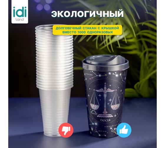 Стакан с крышкой 550мл с декором Idiland Зодиак Весы синий 241116812/02