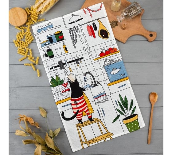 Полотенце Доляна кухонное Котик на кухне 35x60 см, 100% хлопок, 160 г/кв.м 5423141 1