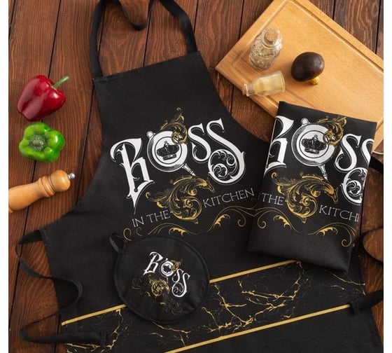 Кухонный набор Доляна 3 предмета Boss, фартук 70x60 см, прихватка 20x20 см, полотенце 35x60 см 5376594 1