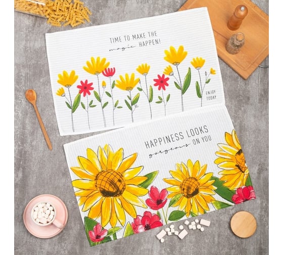 Набор полотенец кухонных Доляна Happiness looks 35x60 см 2 шт, 100% хлопок 5423139