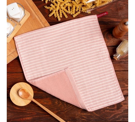 Полотенце Доляна кухонное двухстороннее Полоса розовый 35x35 см, 100% хлопок 7528282 1