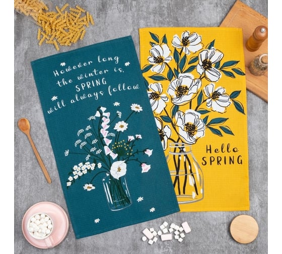 Набор полотенец кухонных Доляна Hello spring 35x60 см 2 шт, 100% хлопок, вафля 160 г/кв.м 7690559 1