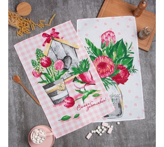 Набор полотенец кухонных Доляна Самой заботливой 35x60 см 2 шт, 100% хлопок 7516042 1