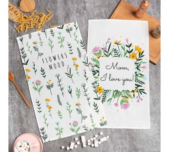 Набор полотенец кухонных Доляна Flowers mood 35x60 см 2 шт, 100% хлопок, вафля 160 г/кв.м 7690558 1