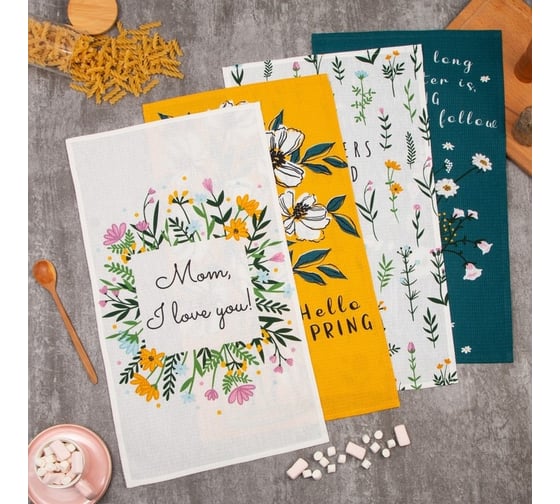 Набор полотенец кухонных Доляна Hello spring 35x60 см 4 шт, 100% хлопок, вафля 160 г/кв.м 7690560
