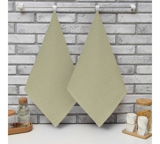 Набор кухонных полотенец Доляна оливковый 35x60 см 2 шт, 100% хлопок, вафля, 220 г/кв.м 9485605 1