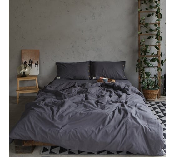Комплект постельного белья Этель 1.5 спальный, 155x210 см, 160x240 см, 50x70 см - 2 шт., цвет темно-серый, 100% жатый хлопок, 140 гр/м2 4627802 1
