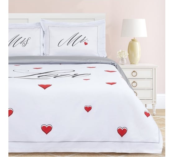 Комплект постельного белья Этель 2 спальный, Mr&Mrs 175x215 см, 200x215 см, 50x70+4 см - 2 шт., 100% хлопок 4695913 1