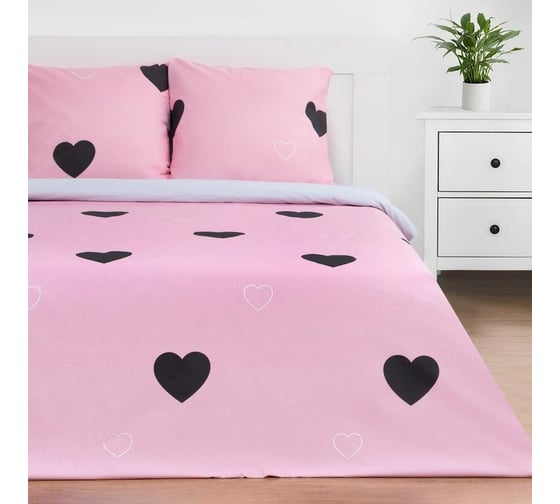 Комплект постельного белья Этель 2 спальный, Pink heart 175x215 см, 200x220 см, 70x70 см - 2 шт., поплин 125 г/м2 5424338