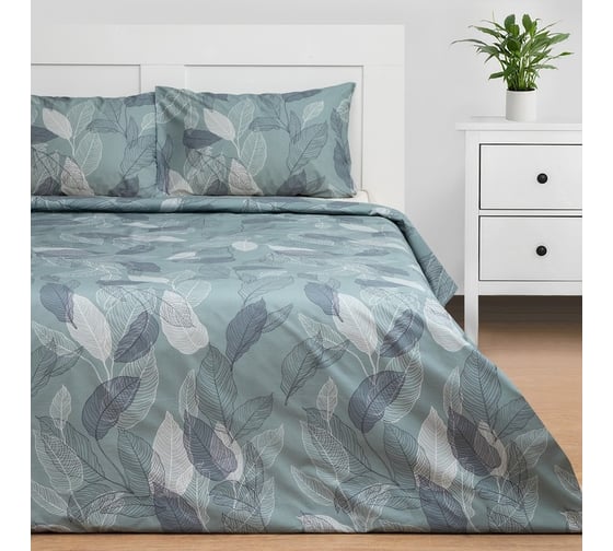 Комплект постельного белья Этель 2 спальный, Mint leaves пододеяльник 175x215 см, наволочки 50x70 см, 2 шт., 100% хлопок 7690455