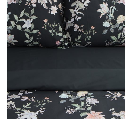 Комплект постельного белья Этель 1.5 спальный, Black flowers, 143x215 см, 150x214 см, 50x70 см - 2 шт., мако-сатин 114 г/м2 9947012