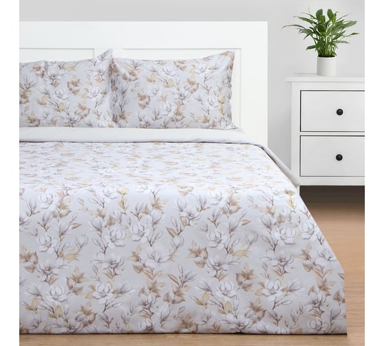 Комплект постельного белья Этель дуэт, Beige flowers, 143х215 см - 2 шт., 214х240 см, 50х70 см - 2 шт., мако-сатин 114 г/м2 9947011 1