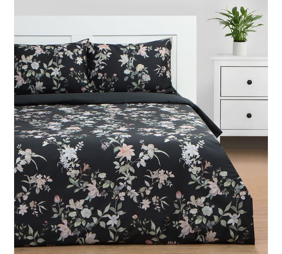 Комплект постельного белья Этель дуэт, Black flowers, 143х215 см - 2 шт., 214х240 см, 50х70 см - 2 шт., мако-сатин 114 г/м2 9947015 1