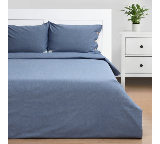 Комплект постельного белья Этель 2 спальное, Denim, 180х210 см, 220х240 см, 50х70 см - 2 шт., синий, 100% жатый хлопок, 140 г/м2 10245418