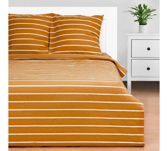 Комплект постельного белья Этель 1.5 спальное, Mustard stripes, 143х215 см, 150х214 см,70х70 см - 2 шт., 100% хлопок, поплин 6632198 1