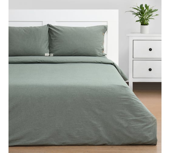 Комплект постельного белья Этель 1.5 спальное, Denim, 155х210 см, 160х240 см, 50х70 см - 2 шт., оливковый, 100% жатый хлопок 1024548 10245488