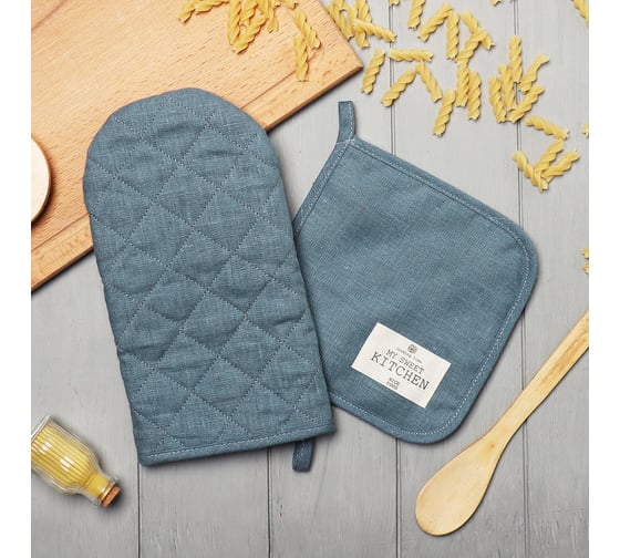Набор кухонный Этель ECO turquoise варежка 15x28 см, прихватка 19x19 см, 100% лен, 245 г/м2 10245287 1
