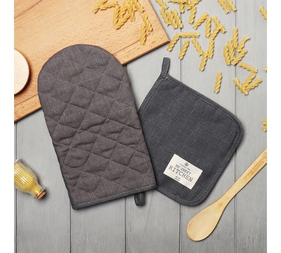 Набор кухонный Этель ECO light grey варежка 15x28 см, прихватка 19x19 см, 100% лен, 245 г/м2 10245291 1