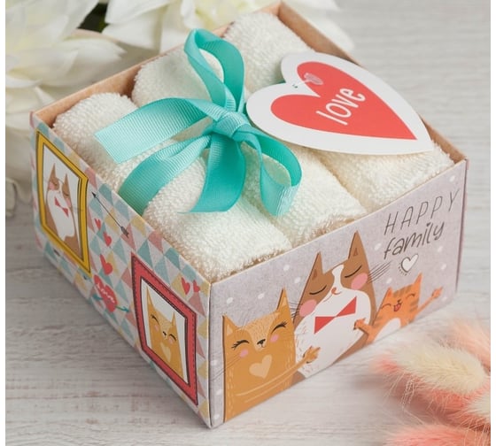 Набор махровых полотенец Этель Happy family 30x30 см - 3 шт, хлопок 340 гр/м2 4671219 1