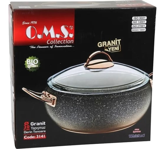 Кастрюля OMS collection со стеклянной крышкой 30x11,5 см 7.5 л, с антипригарным покрытием, красный 3141-IND-Rd-30