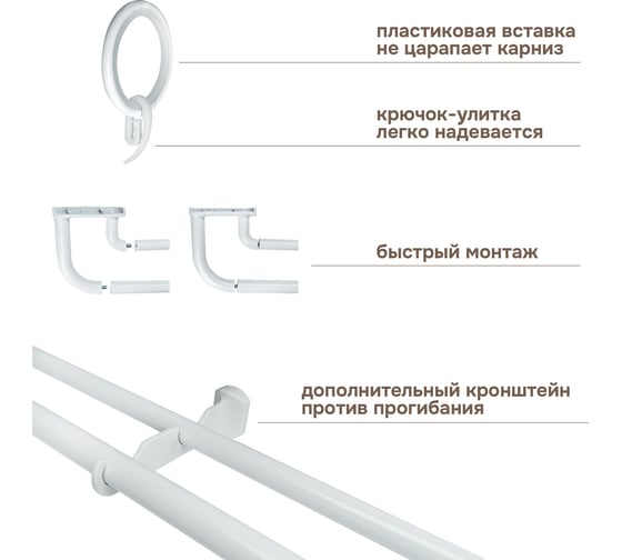 Карниз раздвижной ЭСКАР двухрядный, с закруглением, 150-280 см, белый 5003010