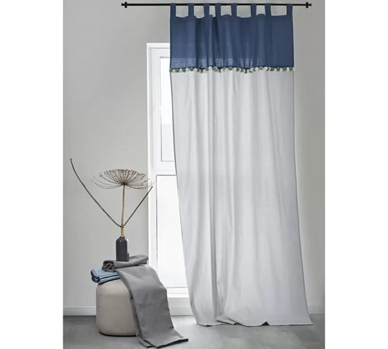 Штора из хлопка с помпонами Tkano Essential серо-синий, 150x290 см TK23-CUR0001