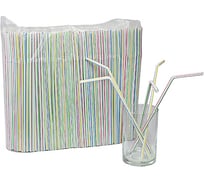 Соломка-трубочка для коктейля ALMIN высота 240, диаметр 5 мм 1000 шт в упаковке с изгибом белая с цветной полосой полипропилен 1//12 ПС-050810