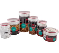 Банки для хранения сыпучих продуктов BORA 6 шт в наборе, полоса красная, с крышкой, прозрачные, пластиковые 1/ BO-2233