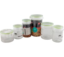 Банки для хранения сыпучих продуктов BORA 6 шт в наборе, полоса салатовая, с крышкой, прозрачные, пластиковые 1/ BO-2232