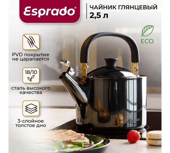 Чайник Esprado c PVD покрытием, глянцевый черный, 2,5 л, нержавеющая сталь, Magnifico MGN25B2E109