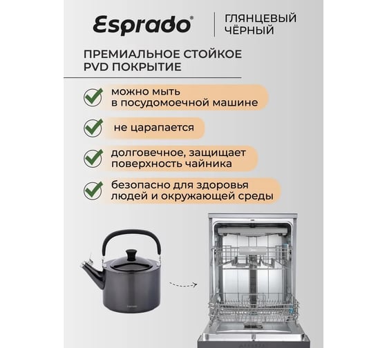 Чайник Esprado c PVD покрытием, глянцевый черный, 2,5 л, нержавеющая сталь, Magnifico MGN25B2E109