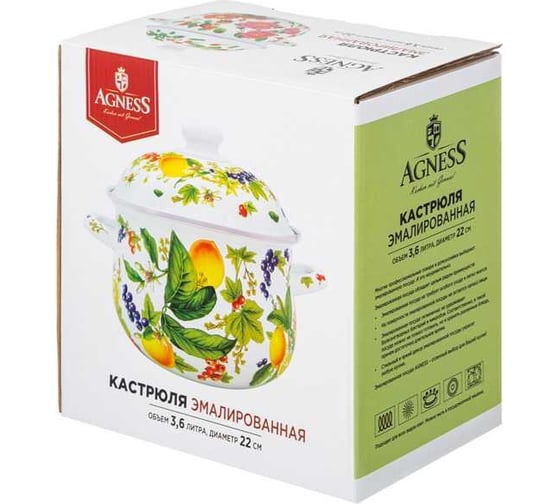 Кастрюля эмалированная Agness с эмал. крышкой серия "фруктовая корзина", 3. 6 л, 22x13 см 934-583
