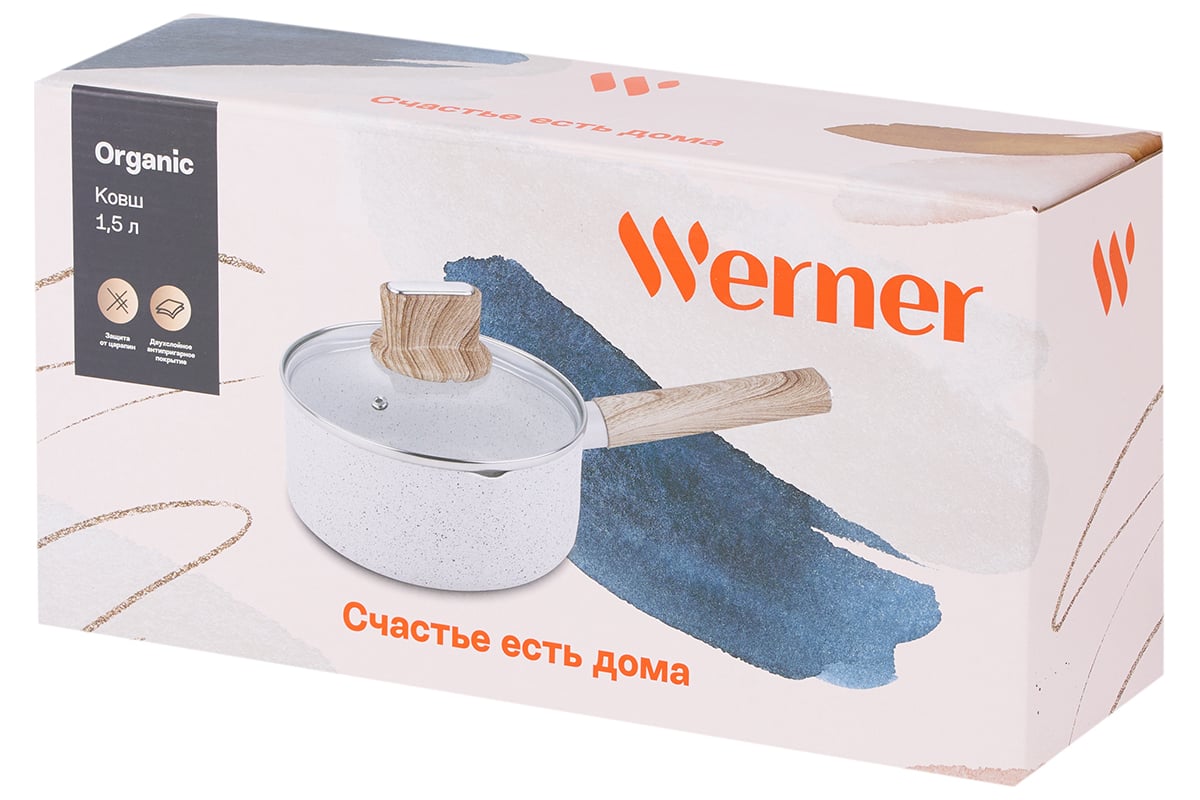 Ковш WERNER ORGANIC BEIGE 16x7,5 см/1,5 л с индукционным дном, с  двухслойным антипригарным покрытием Pfluon, бакелитовая ручка с покрытием  Soft Touch. Цвет: бежевый. Материал: прессованный алюминий. Толщина стенок  и дна: 2,8 мм.