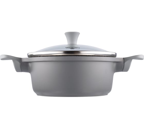 Кастрюля WERNER MINI 12x5,25см/0,5л из литого алюминия со стеклянной крышкой, бакелитовыми ручками с покрытием Soft Touch. Толщина стенок/дна: 1,5/3,0мм. Цвет: серый. 52193