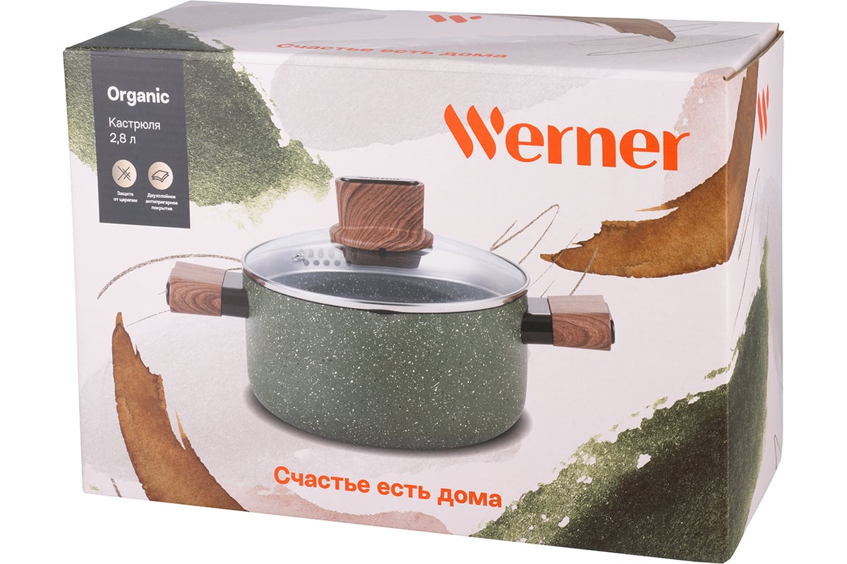 Кастрюля WERNER ORGANIC FOREST STYLE 20x9,0 см/2,8 л с индукционным дном, с  двухслойным антипригарным покрытием Pfluon, бакелитовая ручка с покрытием  Soft Touch. Цвет: зеленый. Материал: прессованный алюминий. Толщина стенок  и дна: 2,6