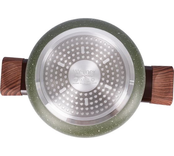 Кастрюля WERNER ORGANIC FOREST STYLE 20x9,0 см/2,8 л с индукционным дном, с двухслойным антипригарным покрытием Pfluon, бакелитовая ручка с покрытием Soft Touch. Цвет: зеленый. Материал: прессованный алюминий. Толщина стенок и дна: 2,6 мм. 51457