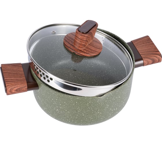 Кастрюля WERNER ORGANIC FOREST STYLE 22x10,0 см/3,5 л с индукционным дном, с двухслойным антипригарным покрытием Pfluon, бакелитовая ручка с покрытием Soft Touch. Цвет: зеленый. Материал: прессованный алюминий. Толщина стенок и дна: 2,6 мм. 51458