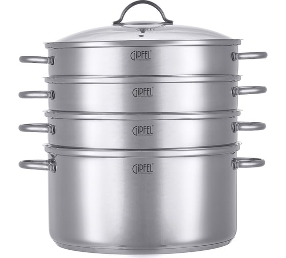 Пароварка трехъярусная GIPFEL DONELLA 32x16 см, 11 л с тремя пароварочными отделениями 32x8 см со стеклянной крышкой, с капсульным дном нержавеющая сталь 18/10 толщина: 0,7 мм 1813