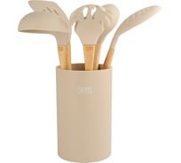 Набор кухонных инструментов GIPFEL MOLTO из 6 предметов: лопатка с прорезями, ложка, половник, шумовка, ложка для спагетти, подставка материал инструментов: силикон, гевея, резина цвет набора: бежевый 51661