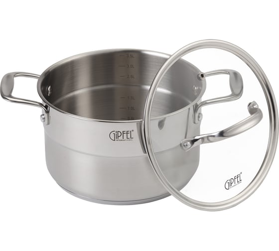Кастрюля GIPFEL GALA 20x12 см/3.5 л, со стеклянной крышкой, с индукционным капсульным дном, нержавеющая сталь 18/10, 0.7 мм/4 мм 1274