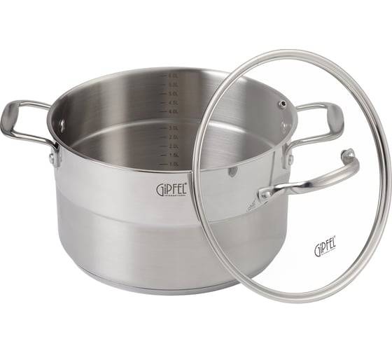 Кастрюля GIPFEL GALA 24x14 см/6 л, со стеклянной крышкой, с индукционным капсульным дном, нержавеющая сталь 18/10, 0.7 мм/4 мм 1275
