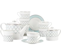 Чайный сервиз GIPFEL AURORA чайник заварочный 1250 мл, сахарница 390 мл, молочник 200 мл, чашка 250 мл (6 шт.) и блюдце 16 см (6 шт.), костяной фарфор, белый с голубым 42863