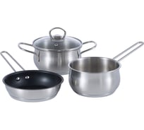 Набор посуды WERNER CASINA из 4 пр. (ковш 14x7,5 см/1,2 л, кастрюля с крышкой 14x7,5 см/1,2 л, сковорода 16x4 см), с индукционным дном. Материал: нержавеющая сталь 18/10. Толщина стенок: 0,6 мм, толщина дна: 3,1 мм. 51795