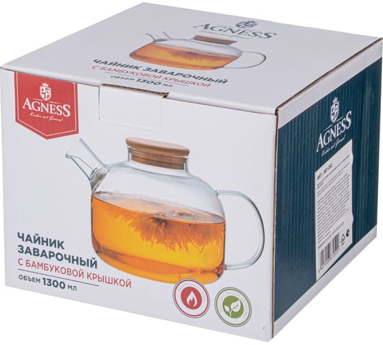 Чайник заварочный Agness 1300 мл с бамбуковой крышкой 887-252